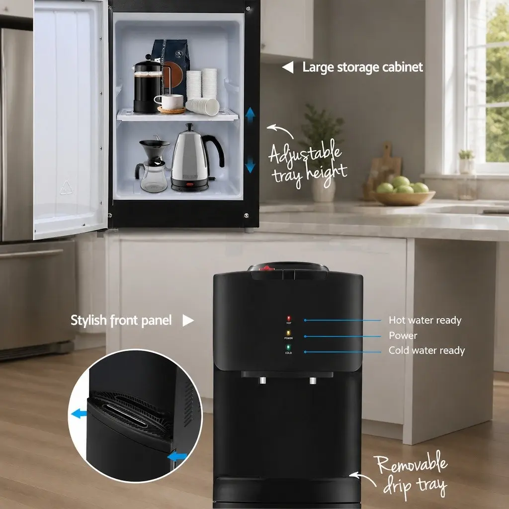 Water Dispenser Black Top Loading 22L Hot Cold Dual Tap 7 Stage Filtration Adjustable Tray Height Child Lock