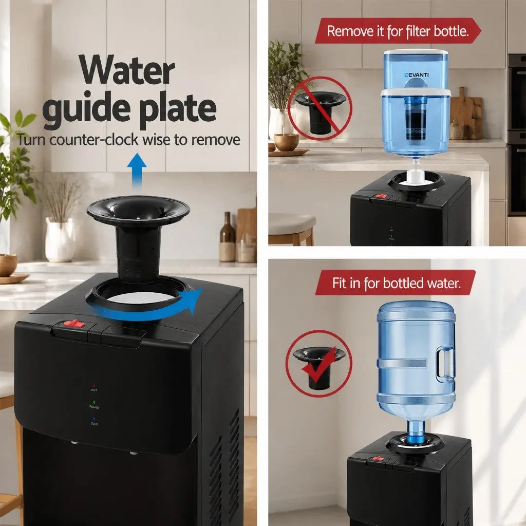 Water Dispenser Black Top Loading Hot Cold Dual Taps Adjustable Tray Child Lock