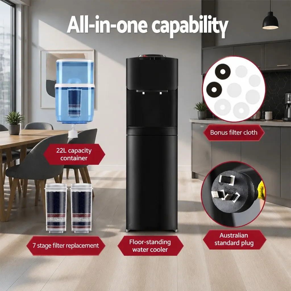 Water Cooler Dispenser Black 22L Top Loading Dual Tap Hot Cold Purifier