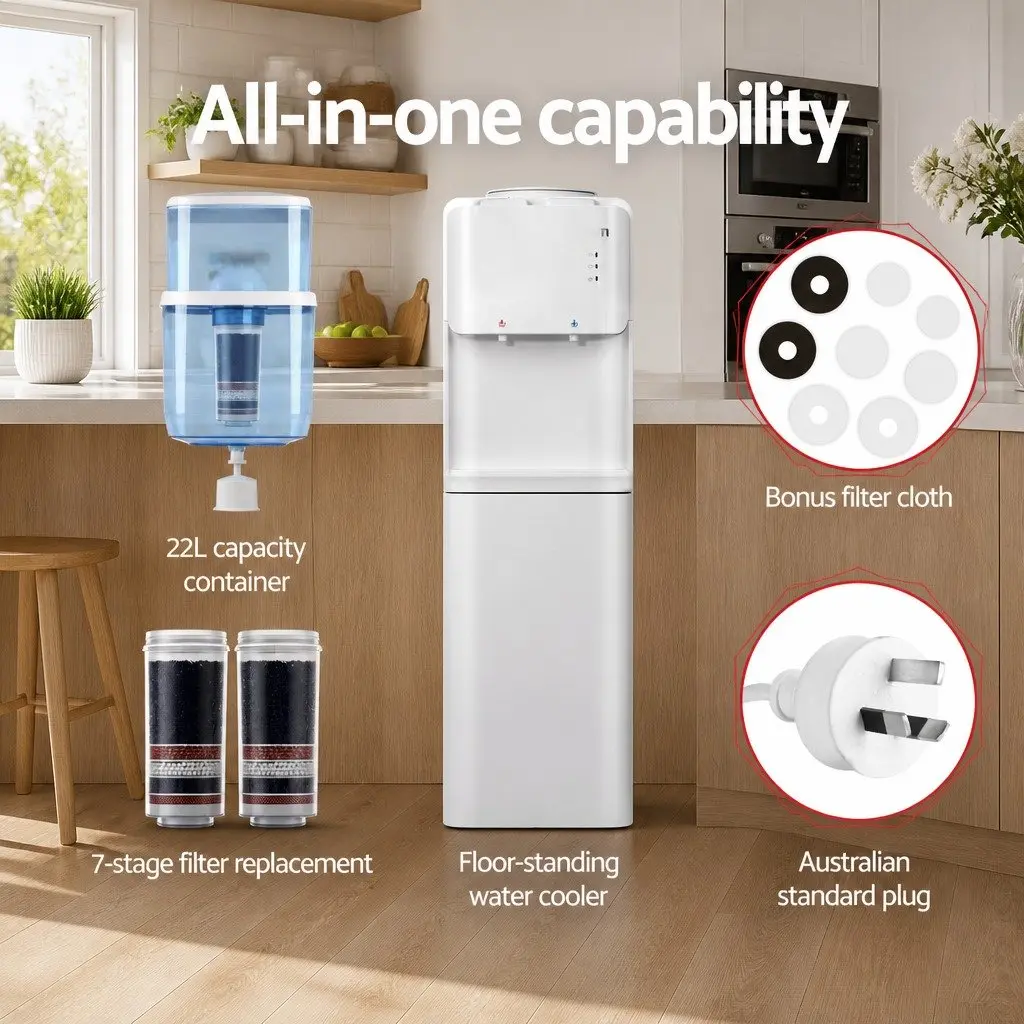 Water Dispenser White 22L Top Loading Hot Cold Dual Taps 7 Stage Filtration System