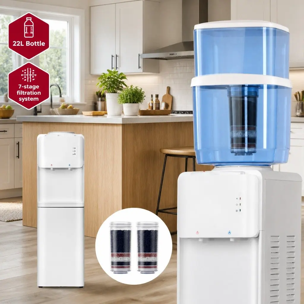 Water Dispenser White 22L Top Loading Hot Cold Dual Taps 7 Stage Filtration System
