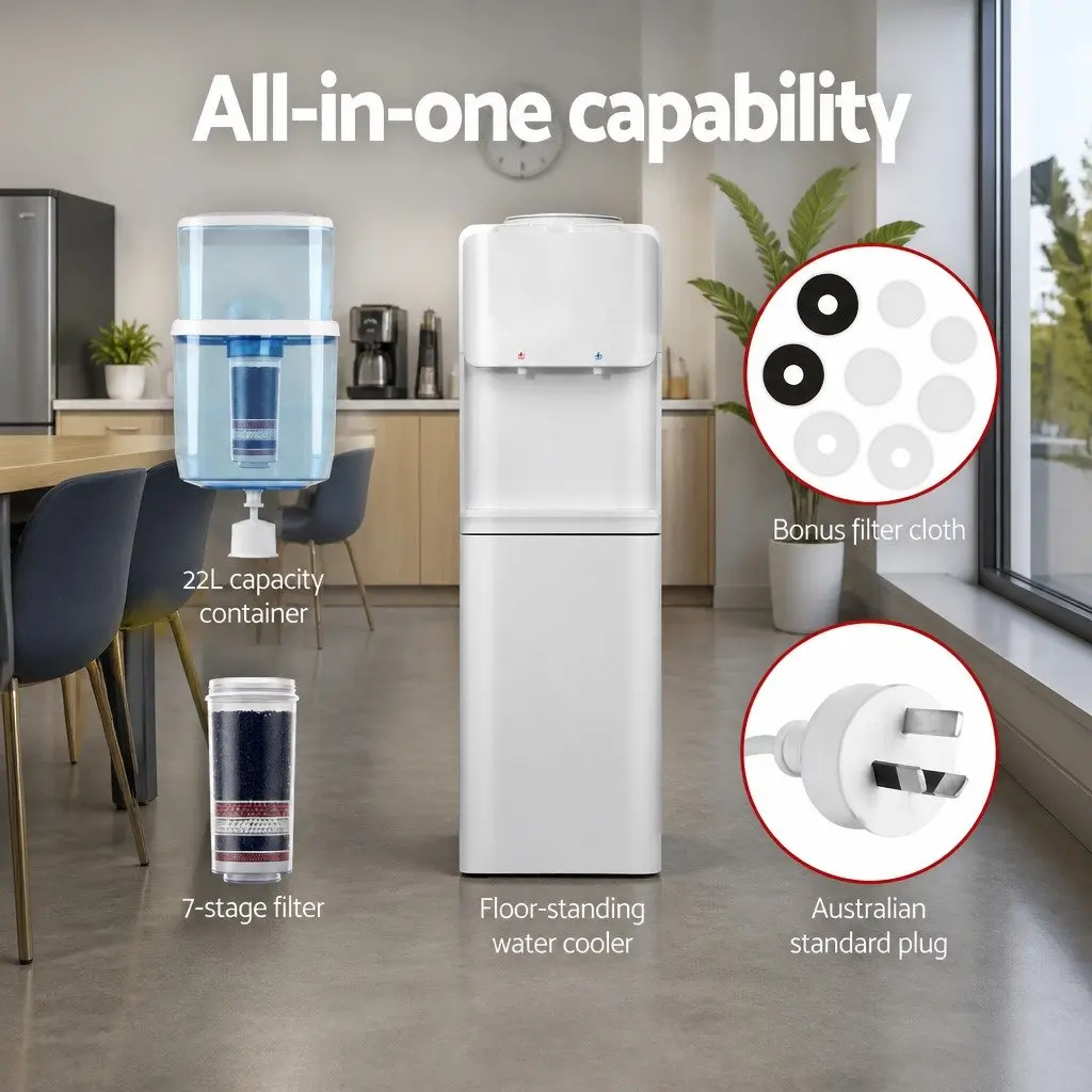 Water Dispenser White 22L Top Loading Hot Cold Purifier System with 7 Stage Filtration Electronic Cooling Heating Technology