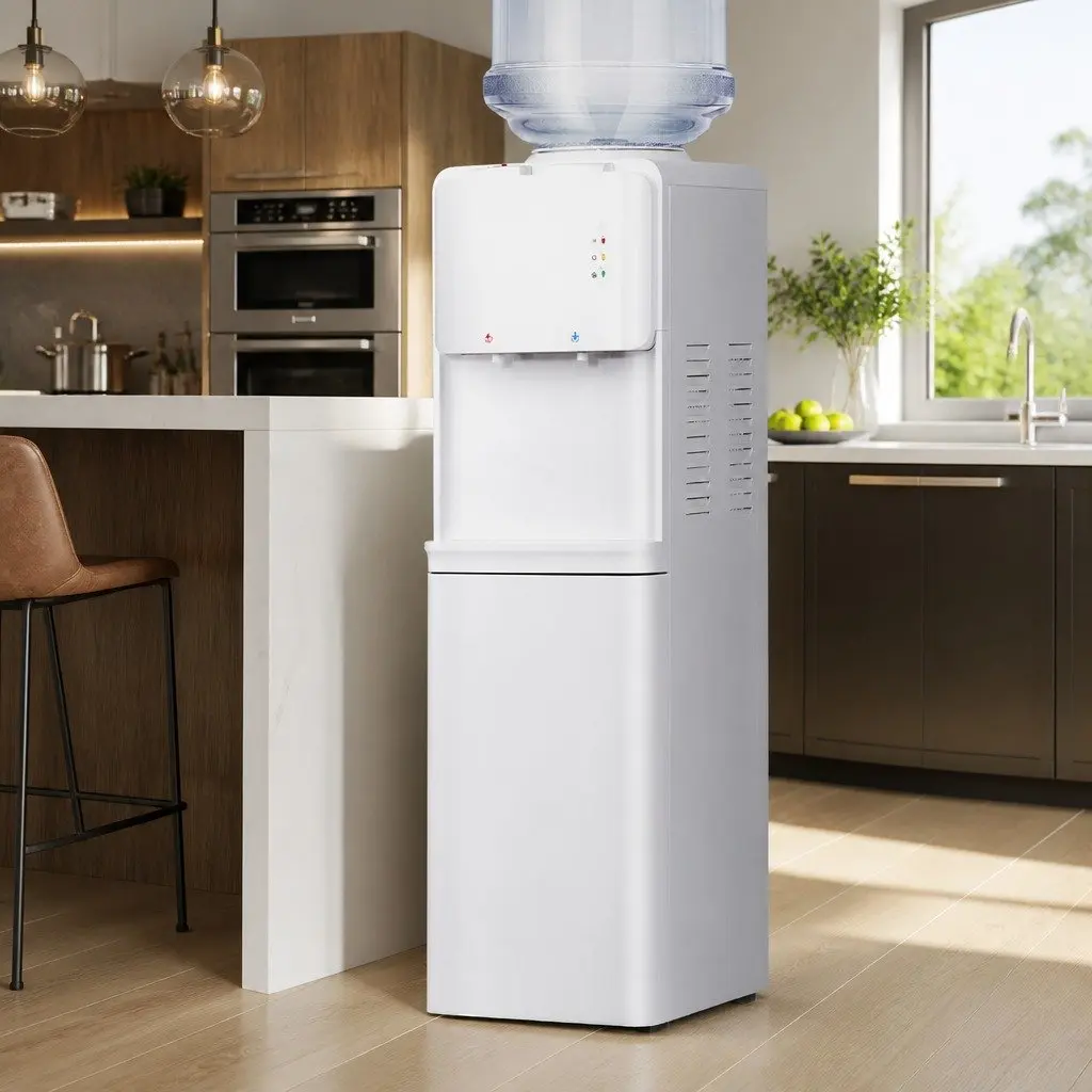 Water Dispenser White Top Loading Hot Cold Dual Taps Electronic Cooling Heating