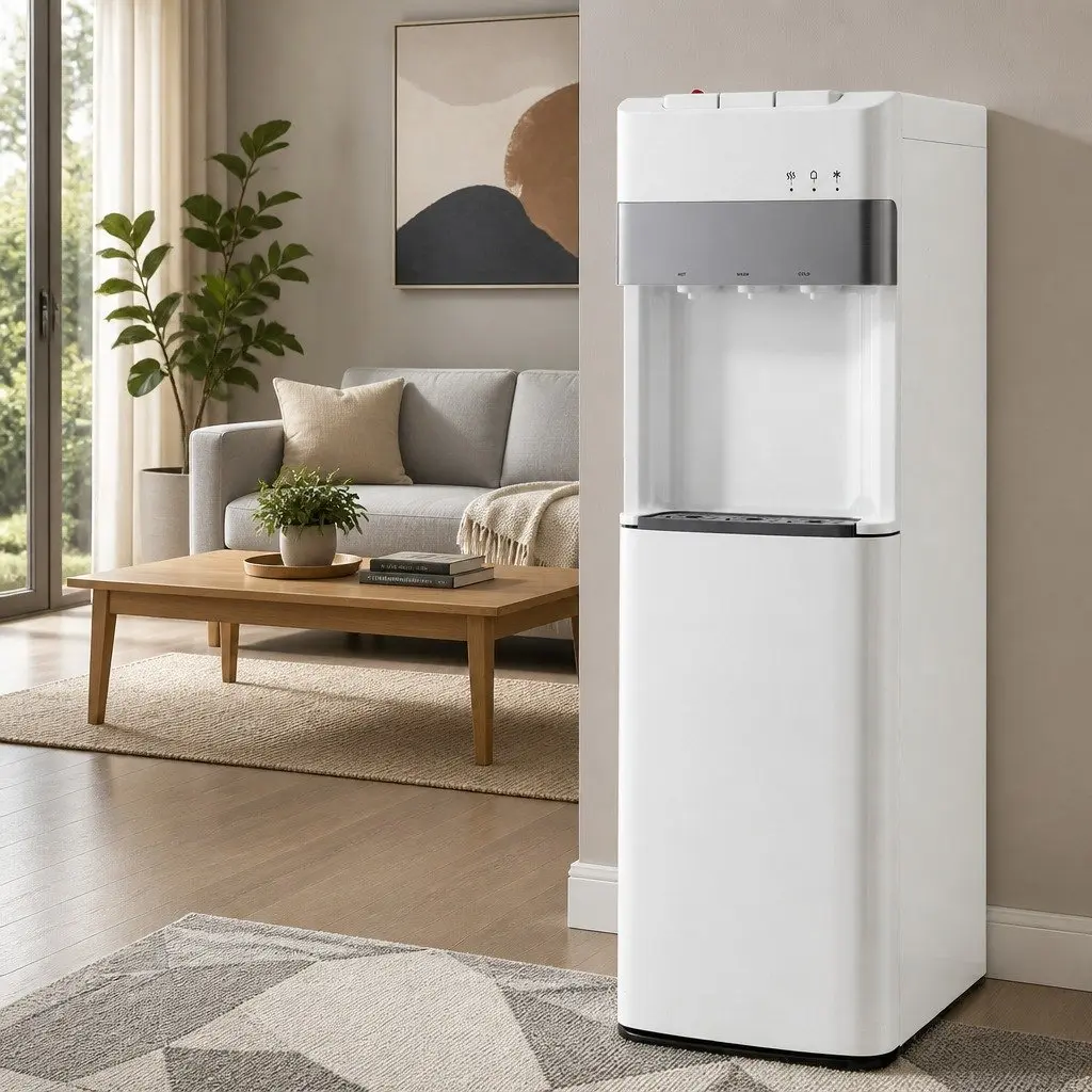Water Dispenser White Bottom Loading 3 Taps Hot Cold Normal Temperature