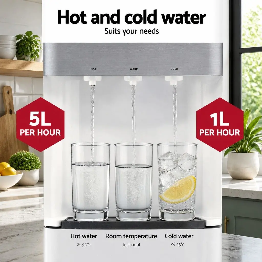 Water Dispenser White Bottom Loading 3 Taps Hot Cold Normal Temperature