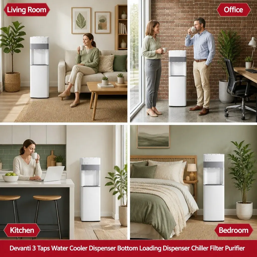 Water Dispenser White Bottom Loading 3 Taps Hot Cold Normal Temperature