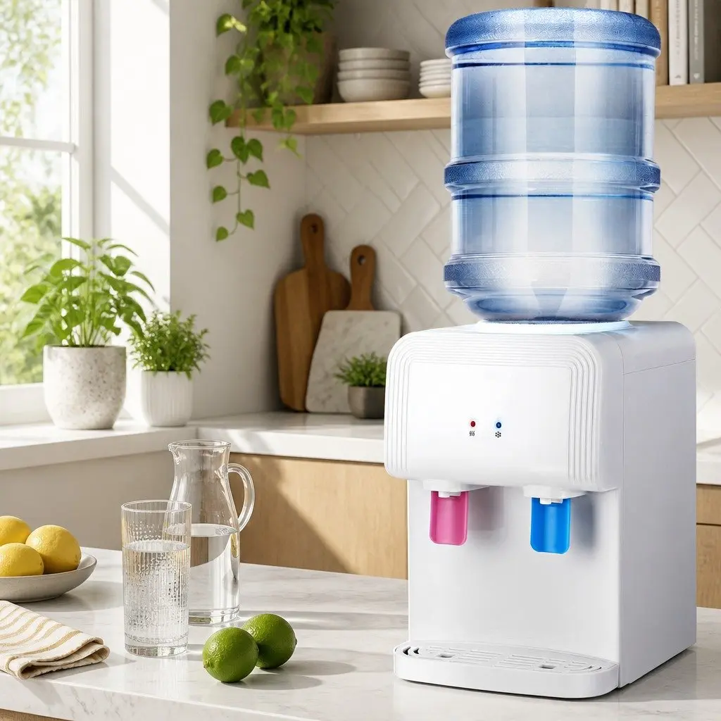 Water Cooler Dispenser White Bench Top Compact Hot Cold Taps Electronic Cooling No Assembly Required