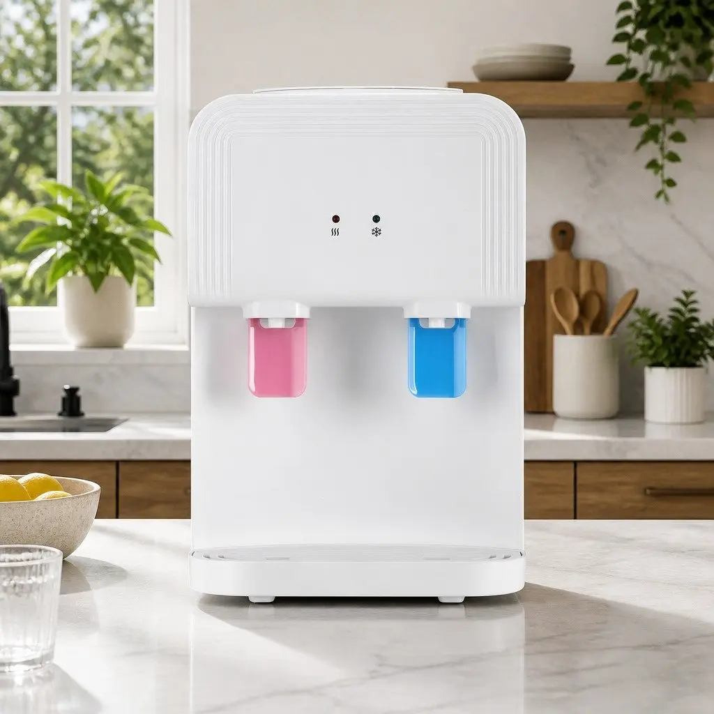 Water Cooler Dispenser White Bench Top Compact Hot Cold Taps Electronic Cooling No Assembly Required