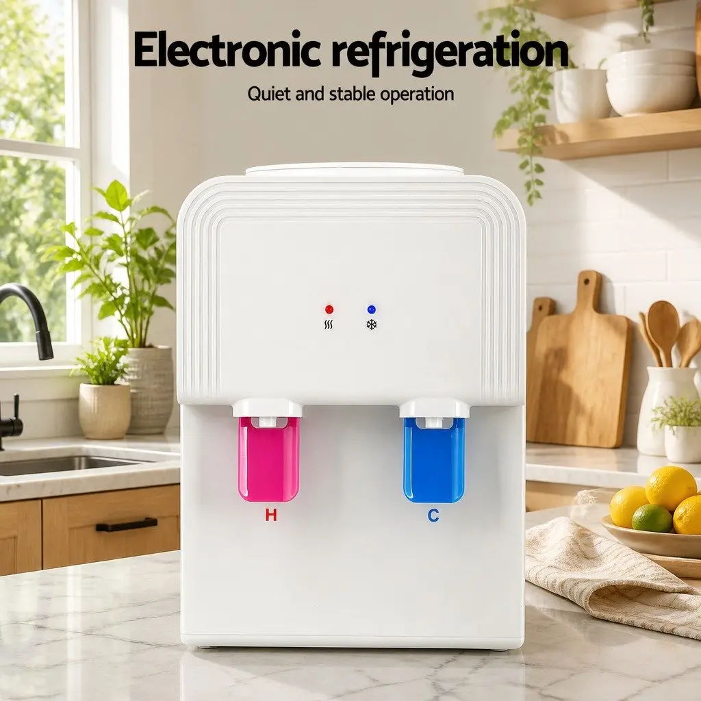 Water Cooler Dispenser White Bench Top Compact Hot Cold Taps Electronic Cooling No Assembly Required