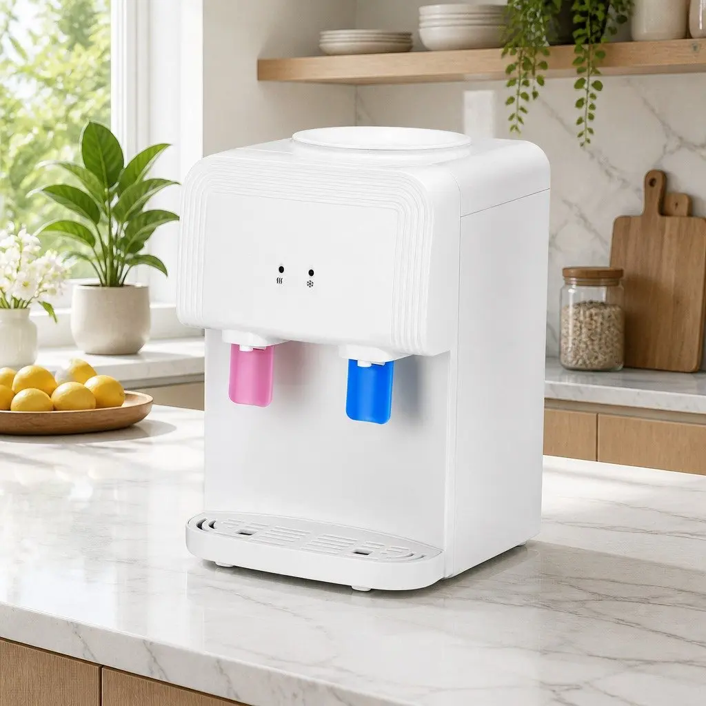 Water Cooler Dispenser White Bench Top Compact Hot Cold Taps Electronic Cooling No Assembly Required