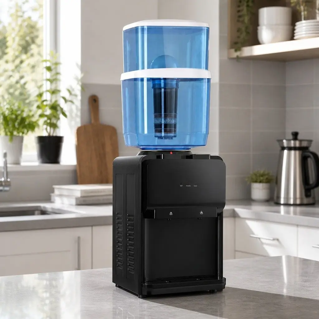 Water Dispenser Black Blue Bench Top 22L 7-Stage Filtration Dual Hot Cold Taps