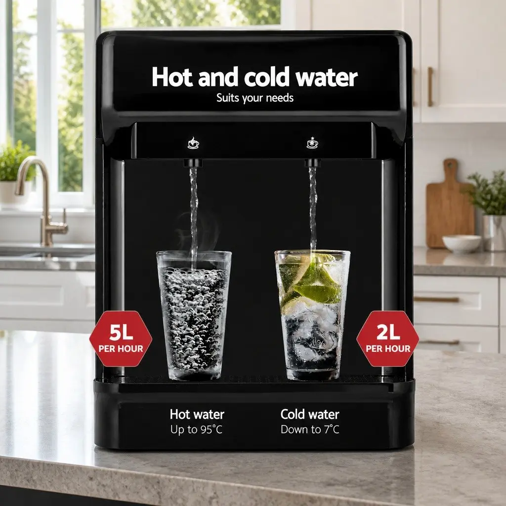 Water Dispenser Black Blue Bench Top 22L 7-Stage Filtration Dual Hot Cold Taps