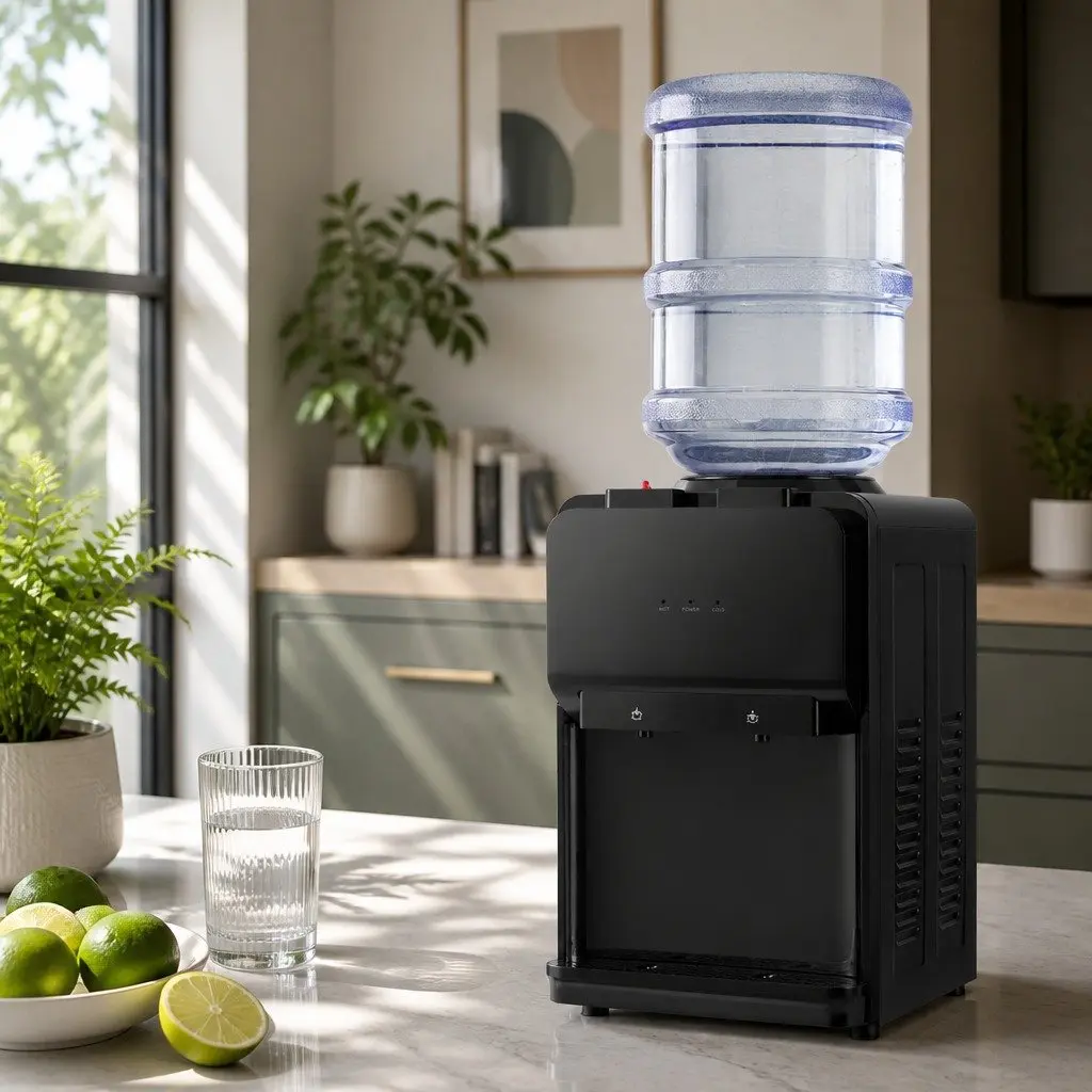 Water Dispenser Black Bench Top Dual Tap Hot Cold Compact Kitchen Appliance
