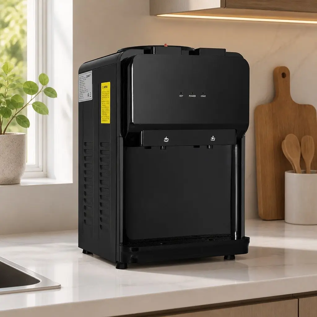 Water Dispenser Black Bench Top Dual Tap Hot Cold Compact Kitchen Appliance