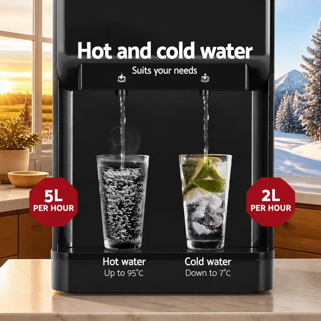 Water Dispenser Black Bench Top Dual Tap Hot Cold Compact Kitchen Appliance