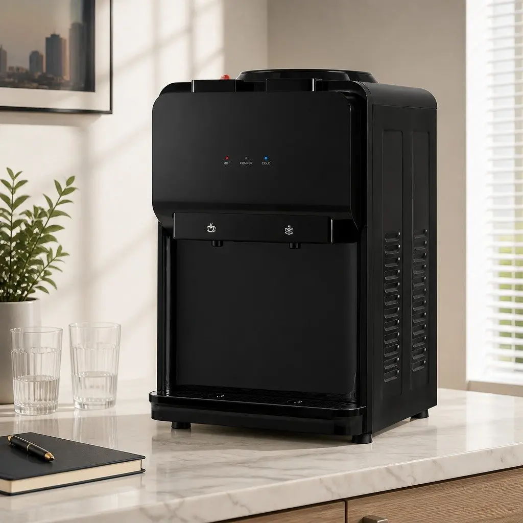 Water Dispenser Black Bench Top Dual Tap Hot Cold Compact Kitchen Appliance