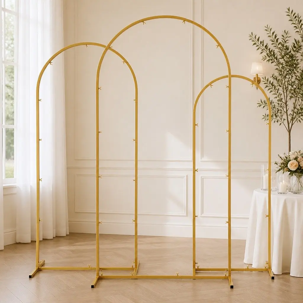 Wedding Arch Stand Set Gold 3 Piece Metal Frame Suitable for Indoor and Outdoor Use