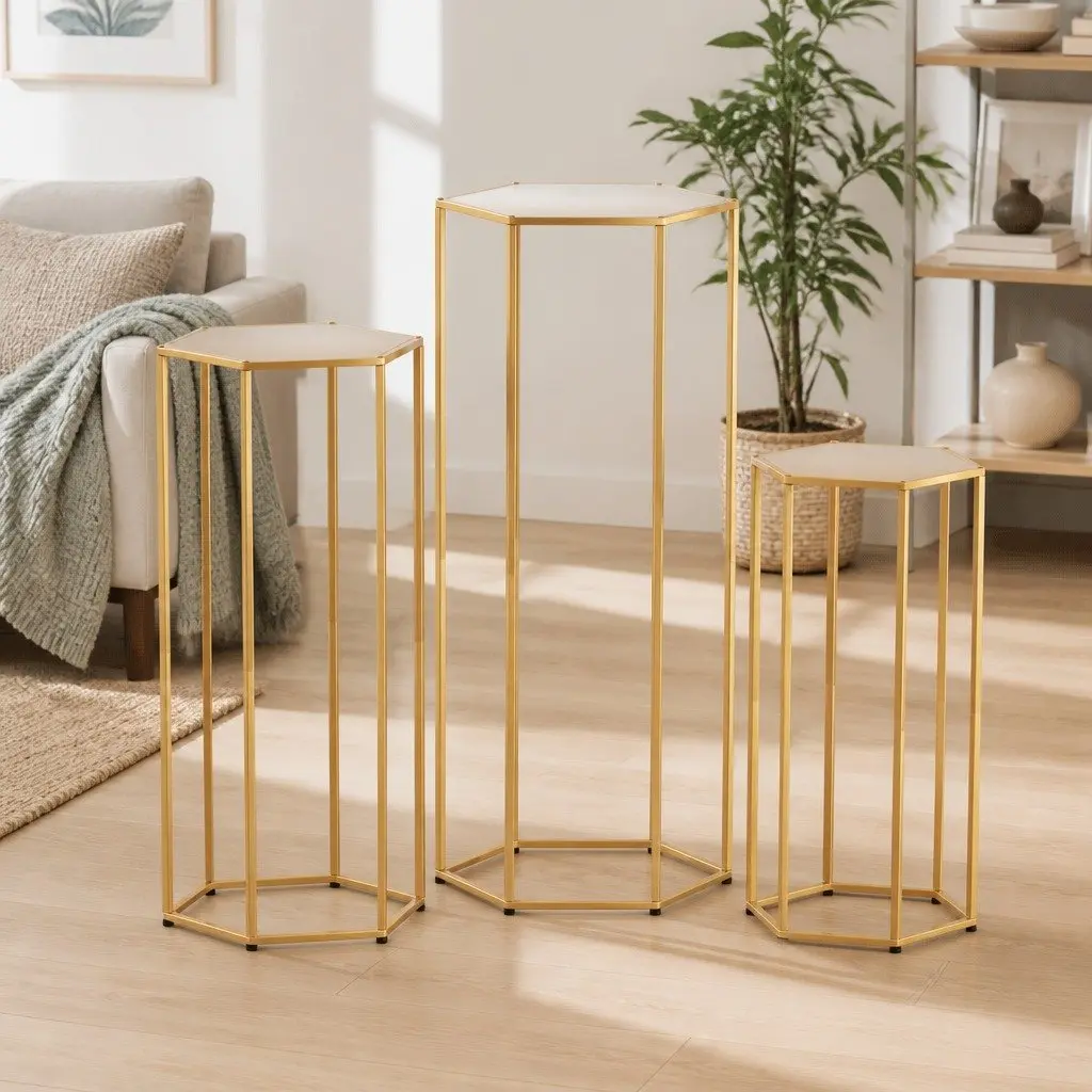 3 Piece Hexagon Metal Wedding Stand Set Gold Display Pedestal for Decorations Indoor Outdoor Use