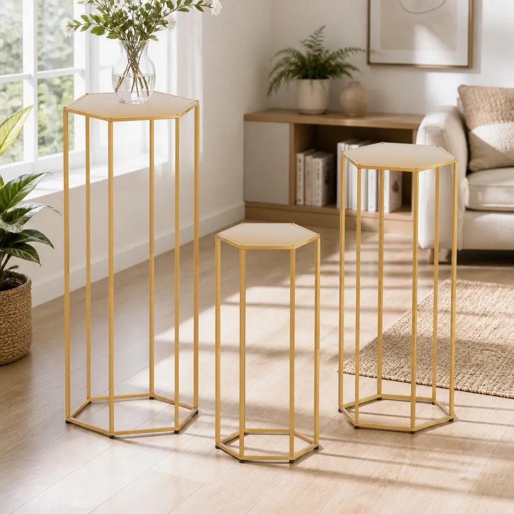 3 Piece Hexagon Metal Wedding Stand Set Gold Display Pedestal for Decorations Indoor Outdoor Use