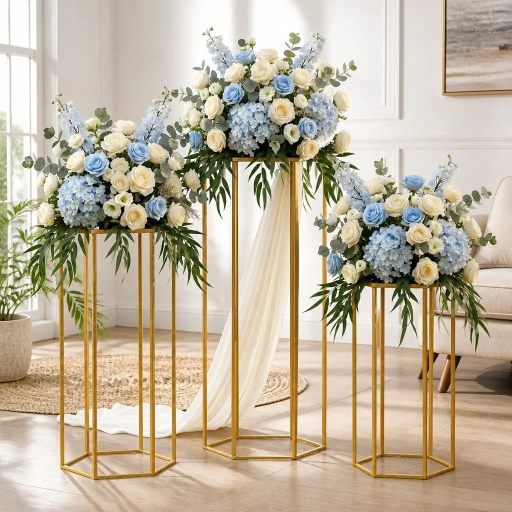 3 Piece Hexagon Metal Wedding Stand Set Gold Display Pedestal for Decorations Indoor Outdoor Use