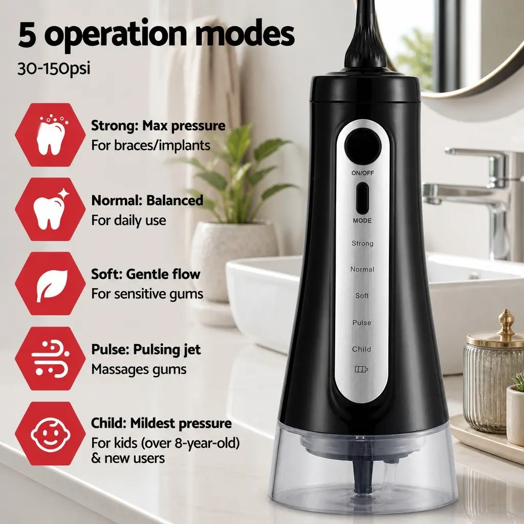 Cordless Water Flosser Black 350ml 5 Modes Rechargeable Oral Irrigator