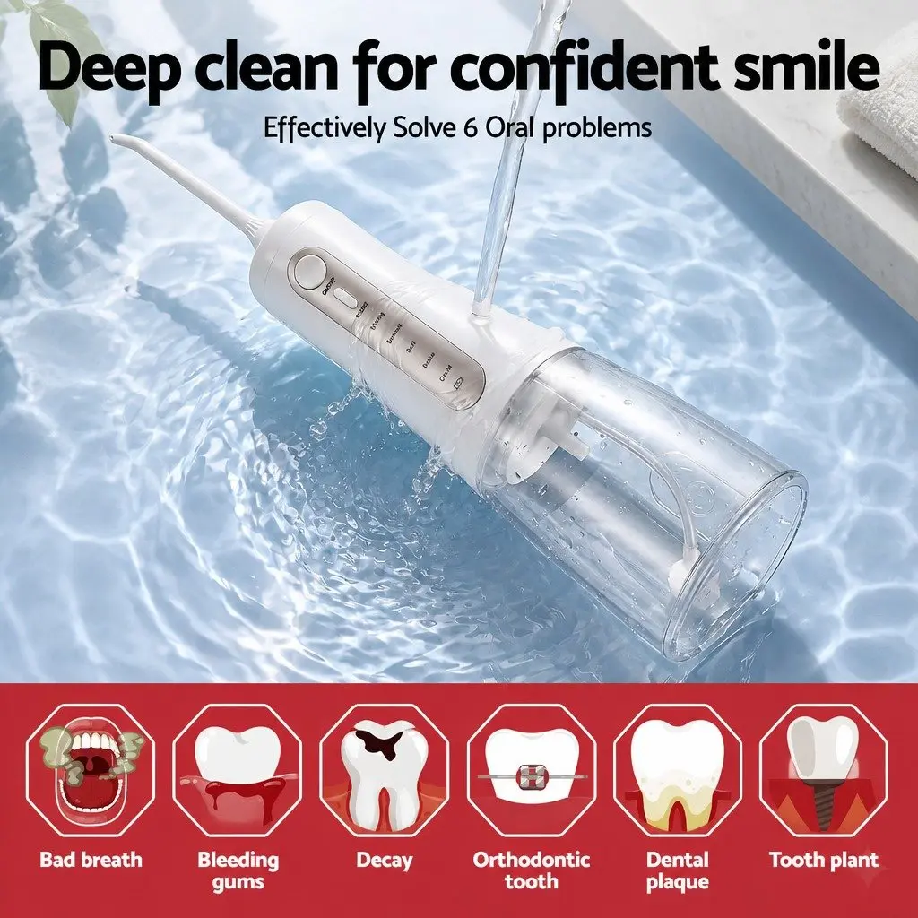 Cordless Water Flosser White 350ml Rechargeable Oral Irrigator with Multiple Pressure Settings