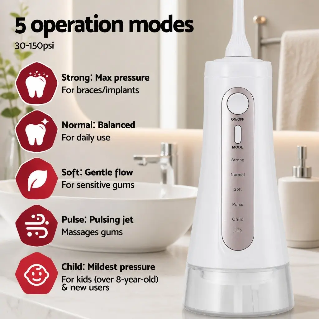 Cordless Water Flosser White 350ml Rechargeable Oral Irrigator with Multiple Pressure Settings