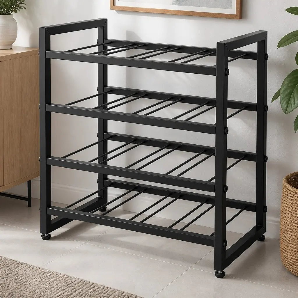 Wine Rack Black 4-Tier Metal Storage Display Organizer Adjustable Feet