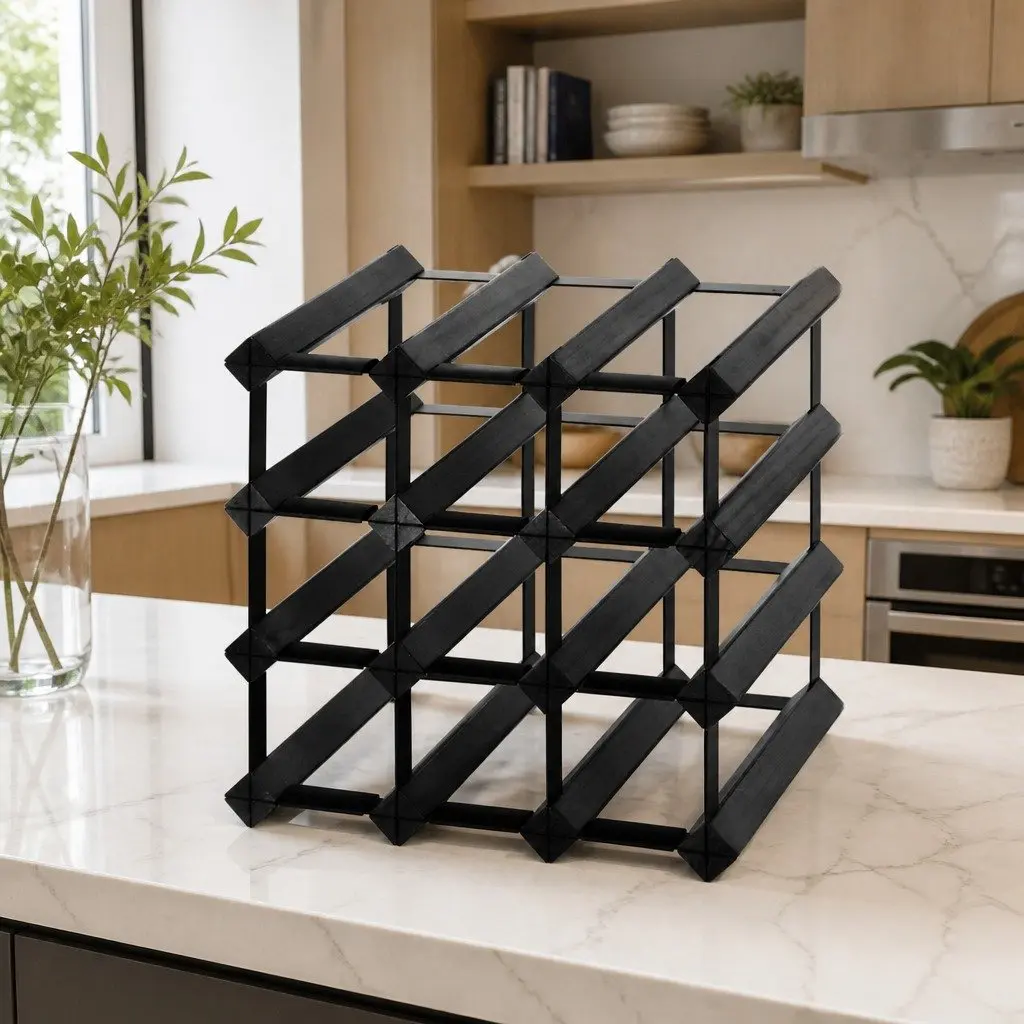 Wine Rack Black Timber 12 Bottle Storage Display Stand for Home Kitchen Cellar