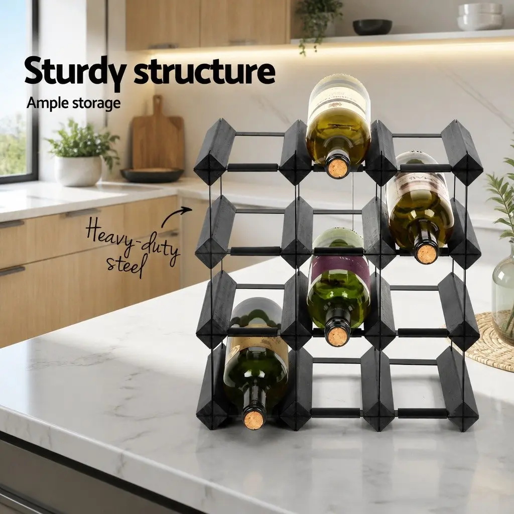 Wine Rack Black Timber 12 Bottle Storage Display Stand for Home Kitchen Cellar