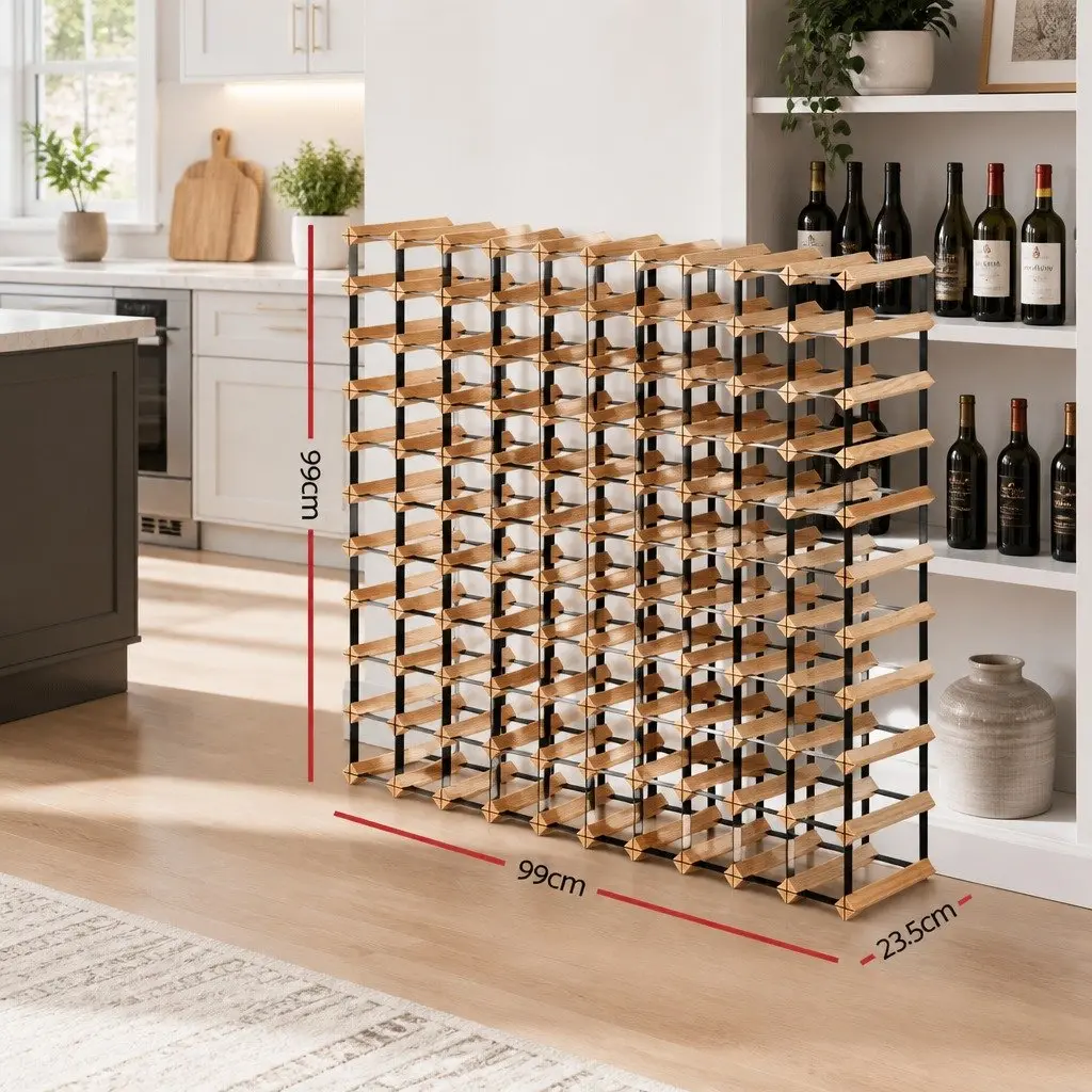 Wine Rack Natural Pine Wood Steel Frame 110 Bottle Storage Holder
