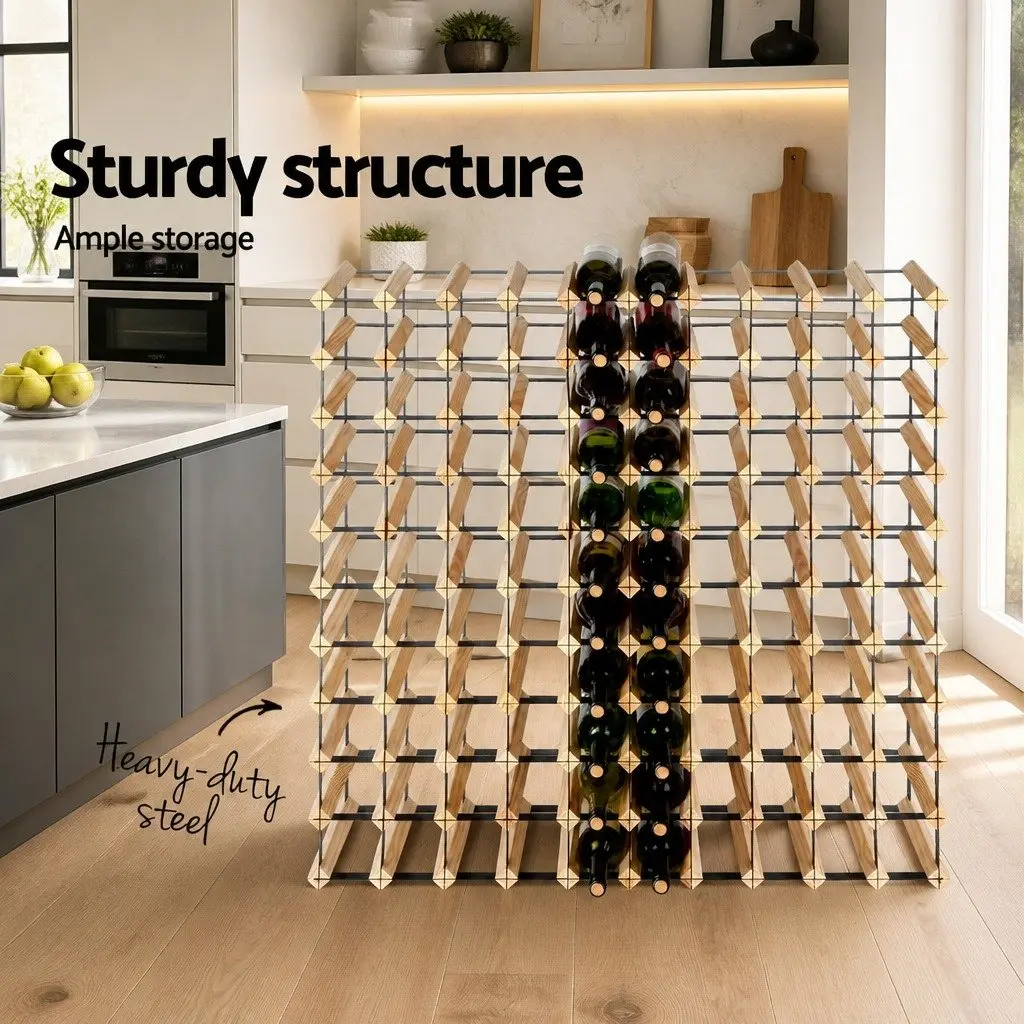 Wine Rack Natural Pine Wood Steel Frame 110 Bottle Storage Holder