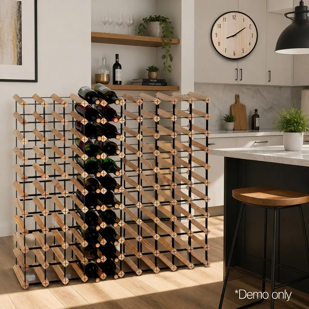 Wine Rack Natural Pine Wood Steel Frame 110 Bottle Storage Holder