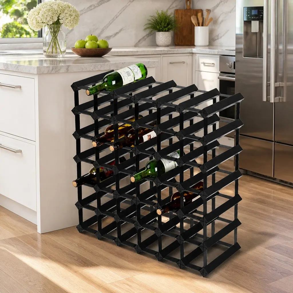 Wine Rack Black 42 Bottle Timber Storage Display Holder