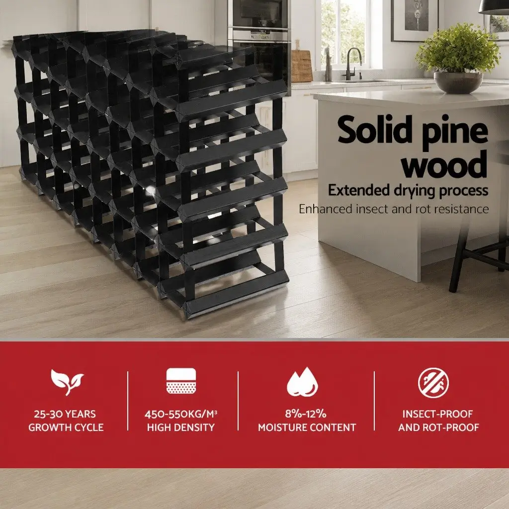 Wine Rack Black 72 Bottle Timber Pine Wood Steel Interlocking Display Storage