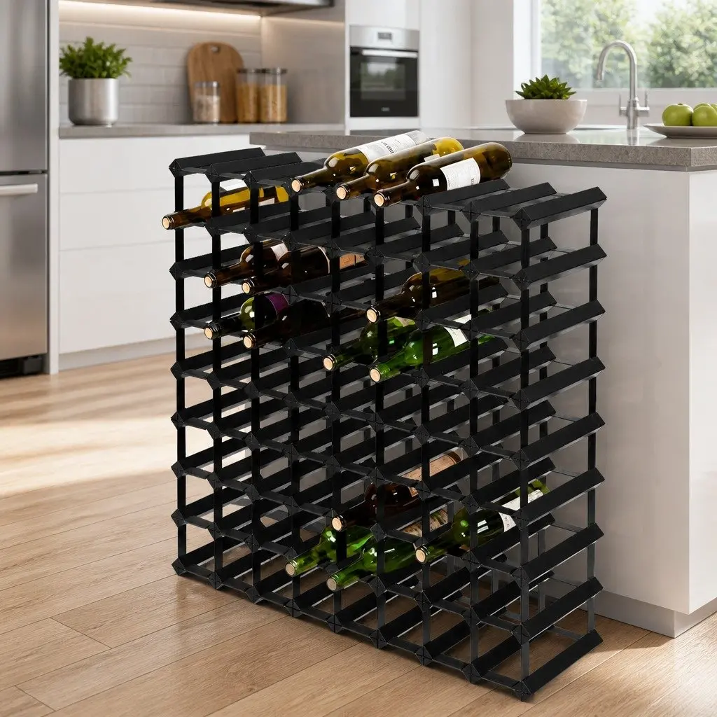 Wine Rack Black 72 Bottle Timber Pine Wood Steel Interlocking Display Storage