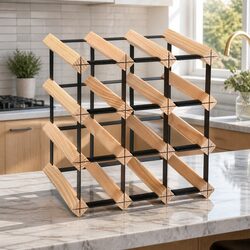 Wine Rack 12 Bottle Pine Wood Steel Frame Kitchen Storage Organiser Display