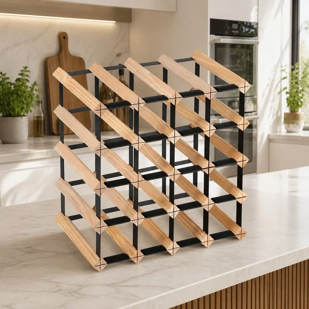 Wine Rack Natural Pine Wood Steel Frame 20 Bottle Storage Display Organiser