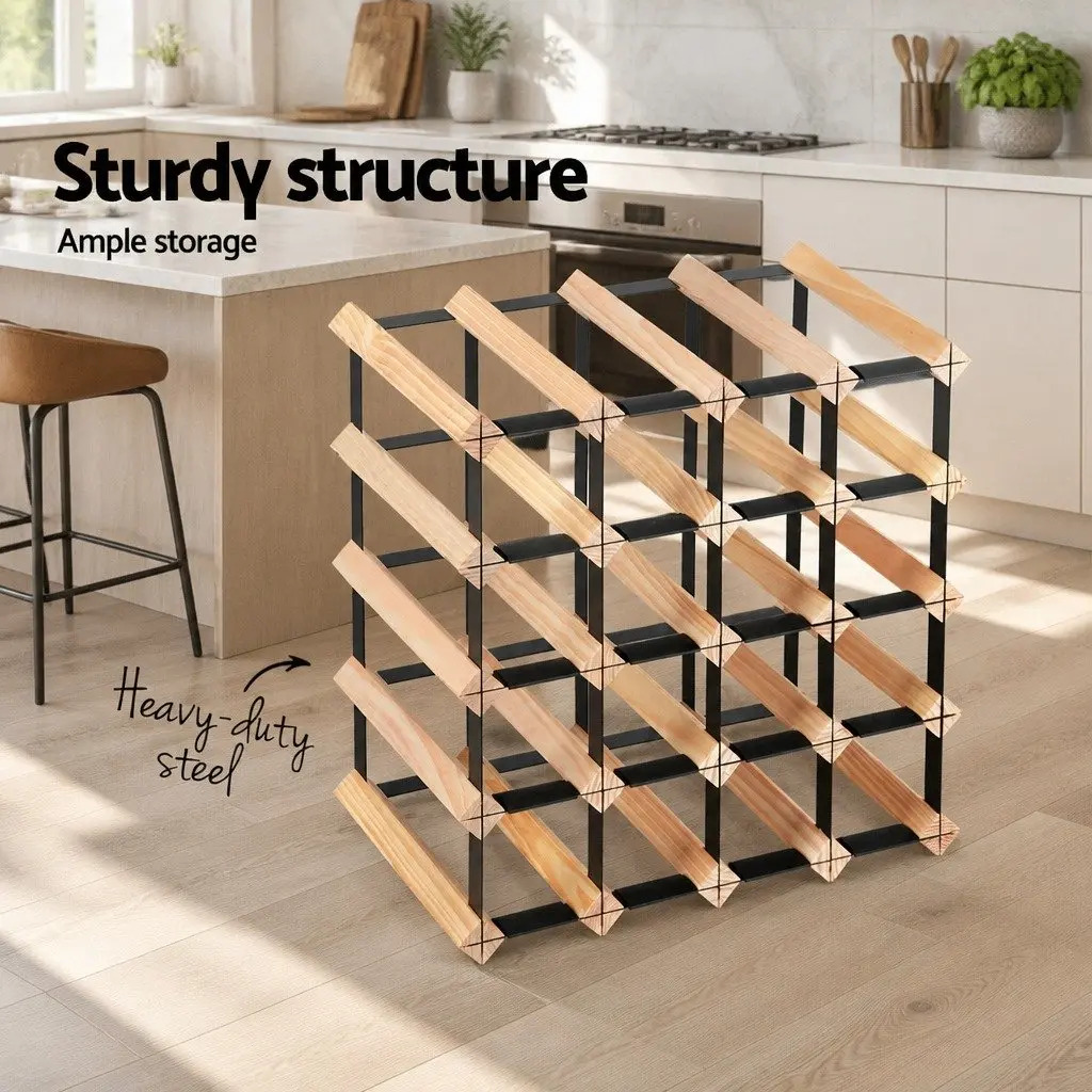 Wine Rack Natural Pine Wood Steel Frame 20 Bottle Storage Display Organiser