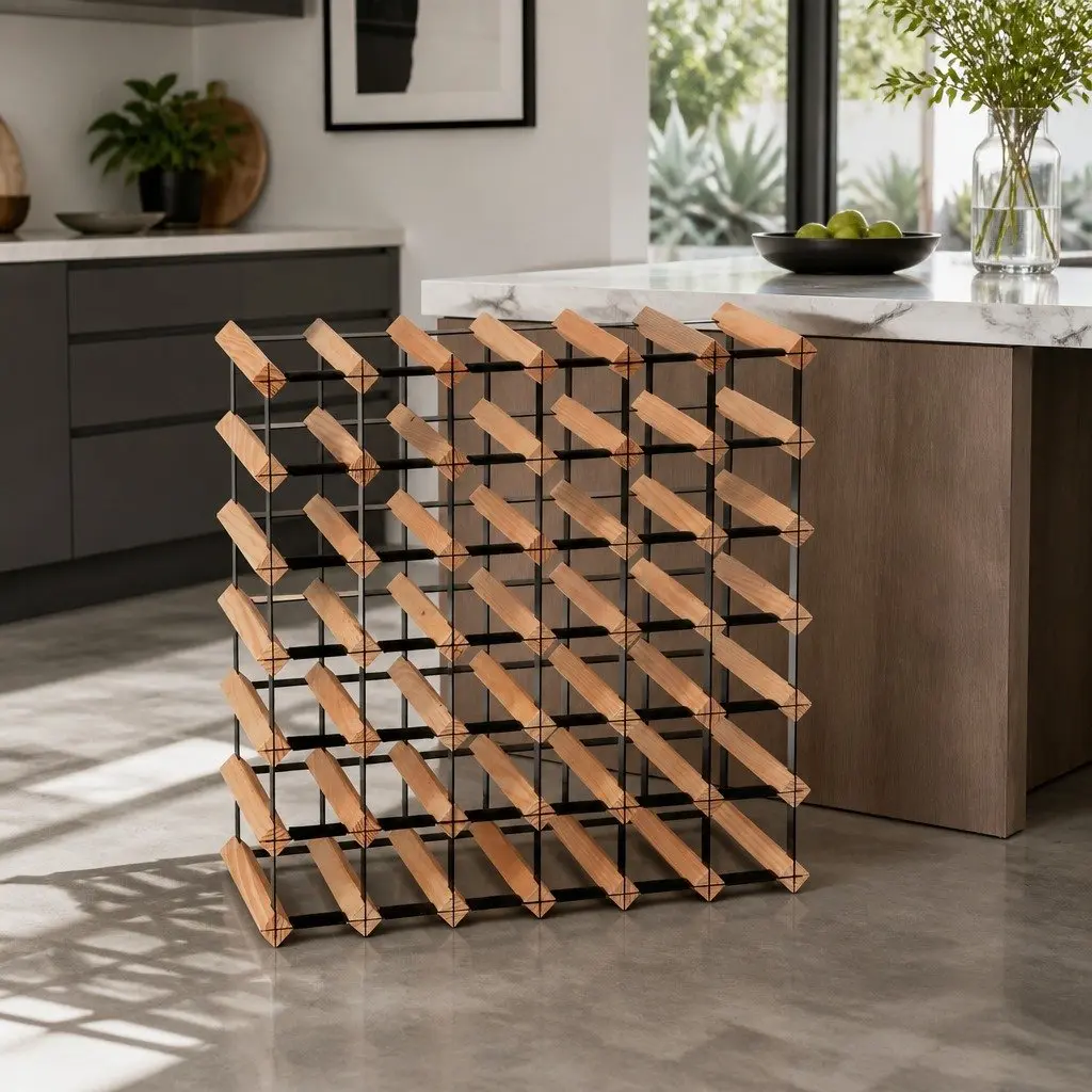 Wine Rack Natural Pine Wood Steel Frame 42 Bottle Storage Organiser