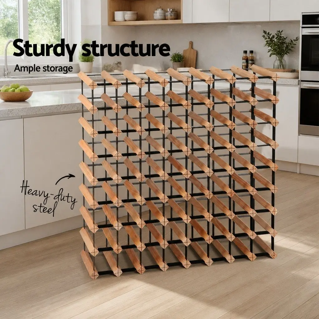 Wine Rack Natural Pine Wood Steel Frame 72 Bottle Storage Organiser