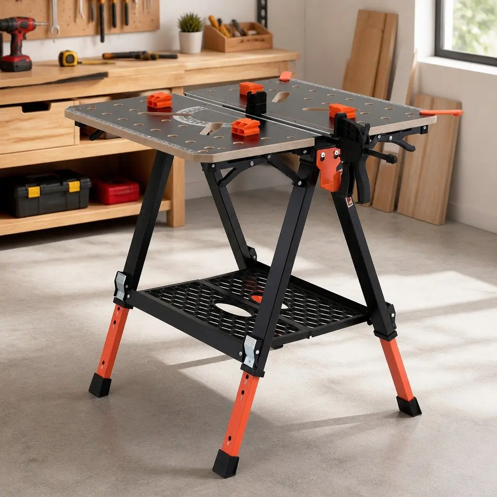 Portable Folding Work Table Black Adjustable Height Heavy-Duty Steel Frame