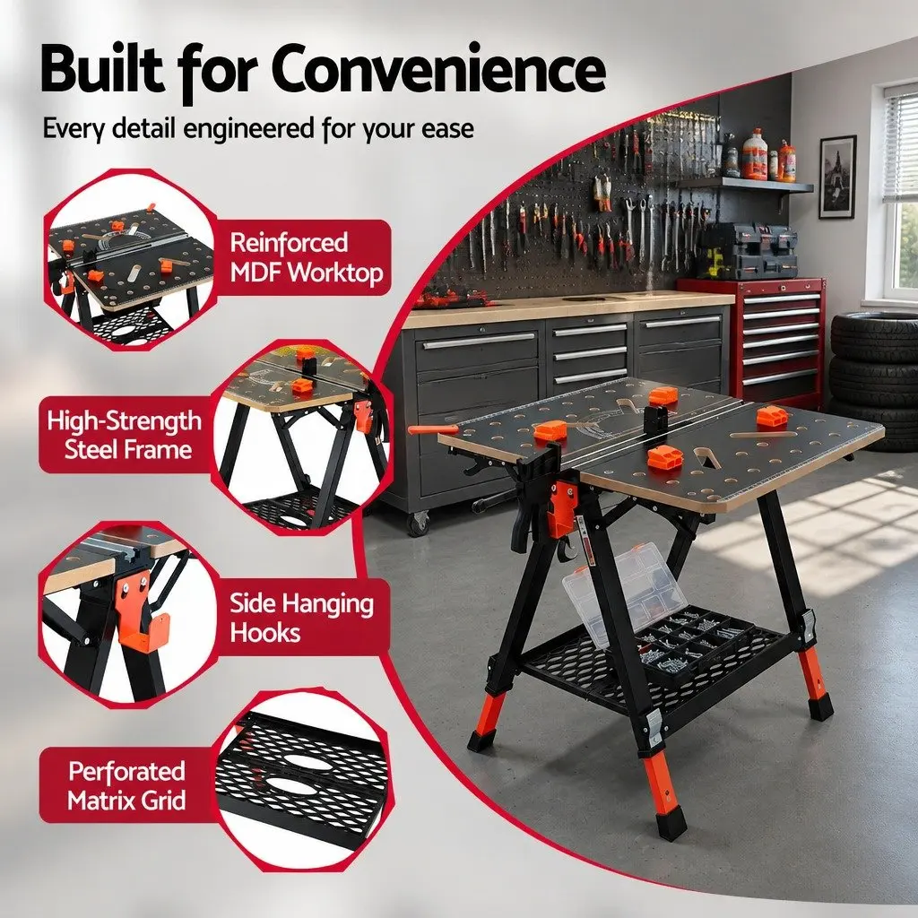 Portable Folding Work Table Black Adjustable Height Heavy-Duty Steel Frame