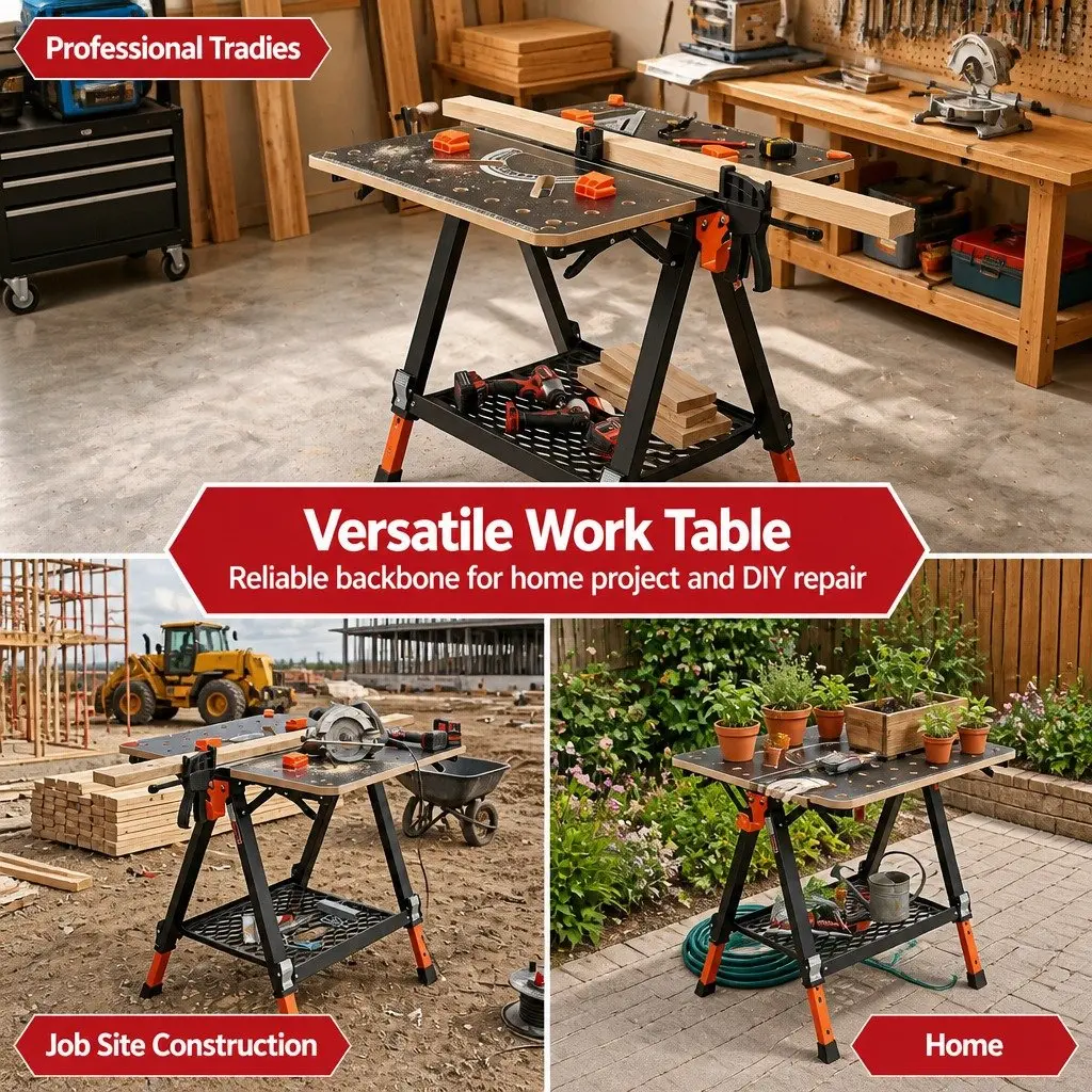 Portable Folding Work Table Black Adjustable Height Heavy-Duty Steel Frame