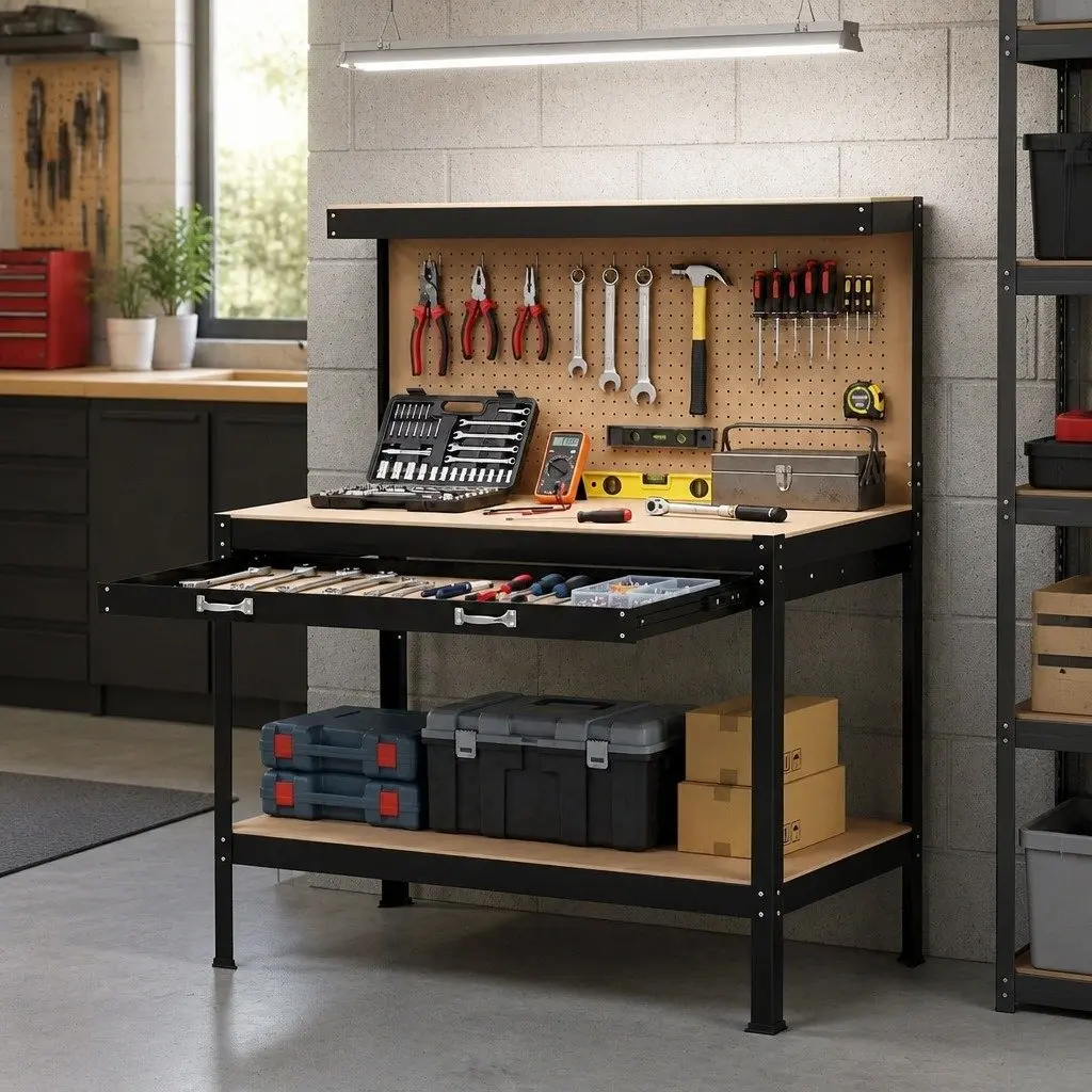 Workbench Black 120cm Ultra-Wide Drawer Integrated Pegboard Storage