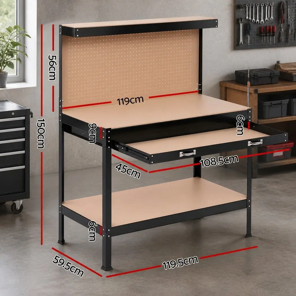 Workbench Black 120cm Ultra-Wide Drawer Integrated Pegboard Storage