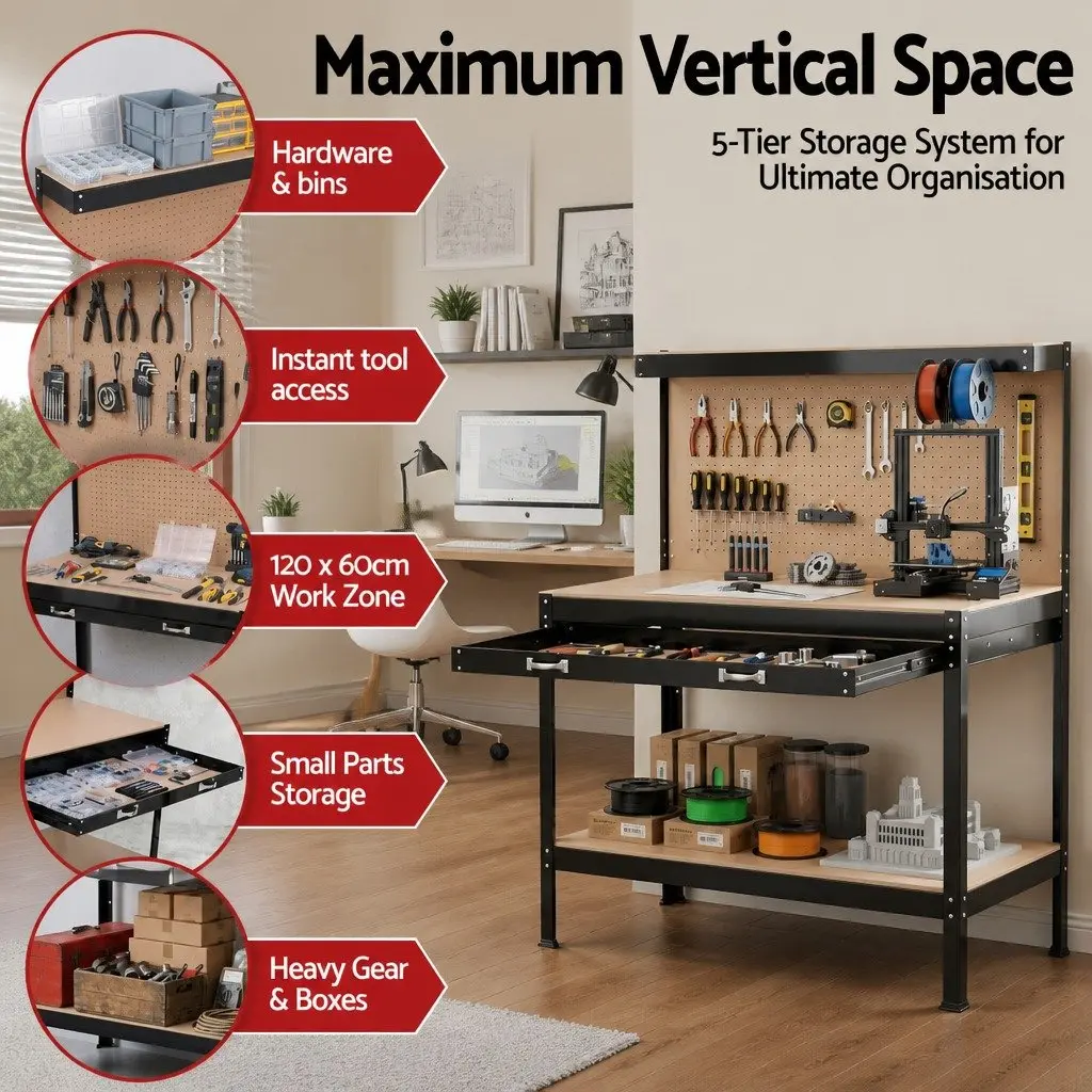 Workbench Black 120cm Ultra-Wide Drawer Integrated Pegboard Storage