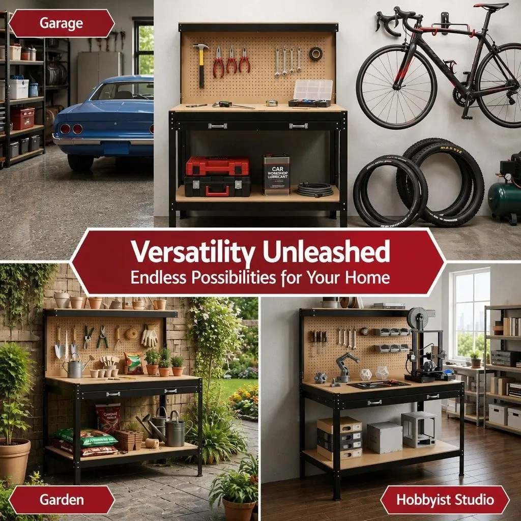 Workbench Black 120cm Ultra-Wide Drawer Integrated Pegboard Storage