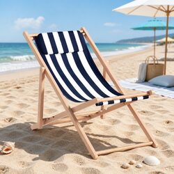 Beach Deck Chair Wooden Sun Lounge Folding Outdoor Patio Furniture Blue White