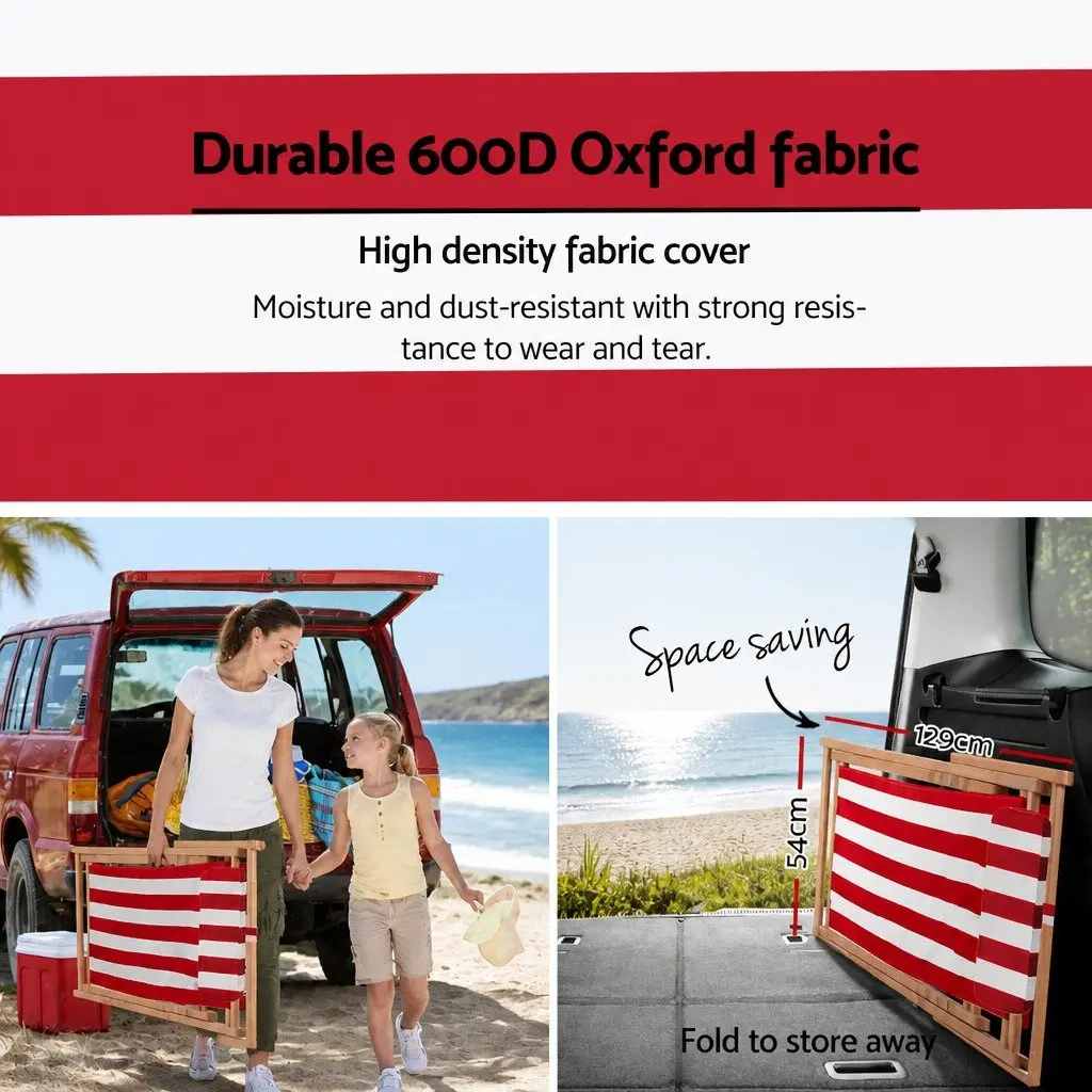 Wooden Beach Deck Chair Red White Adjustable Backrest Portable Outdoor Lounger